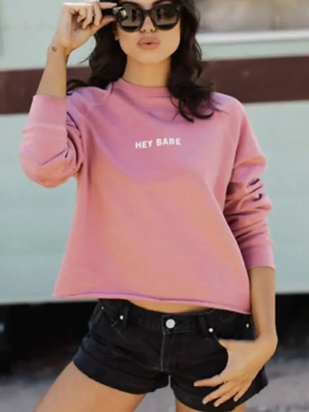 Brunette The Label Hey Babe Pink Raw Hem Crew Soft Sweatshirt Women's size L/XL